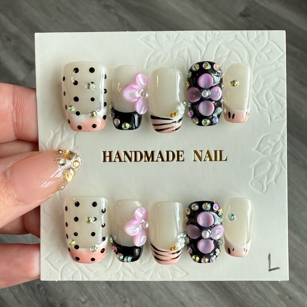 Handmade 3D Pink Flower & Polka Dot Press-On Nails